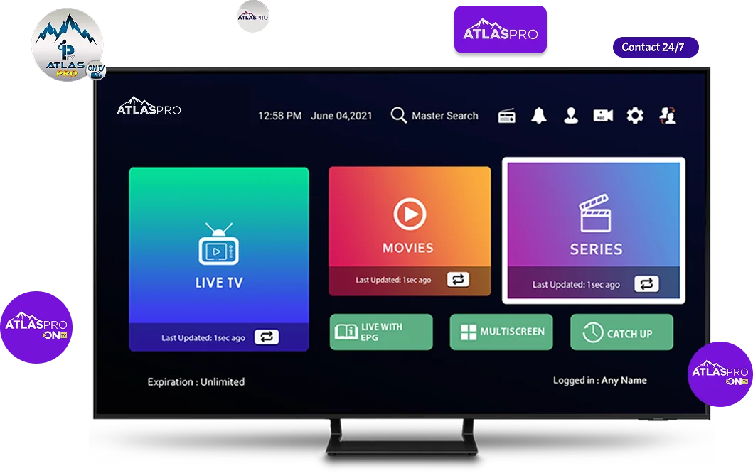 Interface application IPTV sur Smart TV avec accès direct, films et séries — aperçu de l'expérience Atlas ONTV 4K